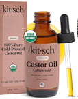 Kitsch Organic Castor Oil for Hair Growth - 100% Pure Castor Oil, Organic Cold Pressed Unrefined Glass Bottle for Face, Skin, Lashes, Brows, Scalp, Nails & Belly Button - Hexane Free, USDA - 4 oz