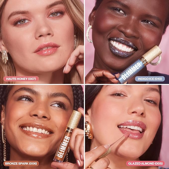 REVLON Super Lustrous Glimmer Gloss, Non-Sticky Lip Gloss, High-Shine Finish, Plant-Based Glitter, 009 Razz Beamy, 0.13 fl oz