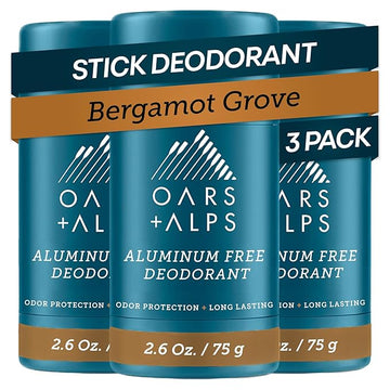 Oars + Alps Deodorant for Men & Women, Aluminum Free Deodorant for Men, Clean Ingredients, Vegan, Long Lasting, Odor Protection, Bergamot Grove, 3pk, 2.6oz