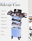 5 in 1 Professional Makeup Train Case Aluminum Cosmetic Case Rolling Makeup Case ExtraLarge Storage Organizer with Key Swivel Wheels Salon Barber Case for Make Up Nail Hairstylists, Blue