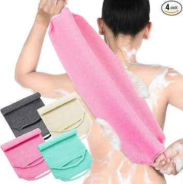 Moukeren Exfoliating Back Scrubber with Handles 4 Pack Nylon Back Exfoliator Extended Length Washers Scrubbers Stretchable Pull Strap Exfoliating Washcloth(Dark Blue, Gray, Beige, Pink)