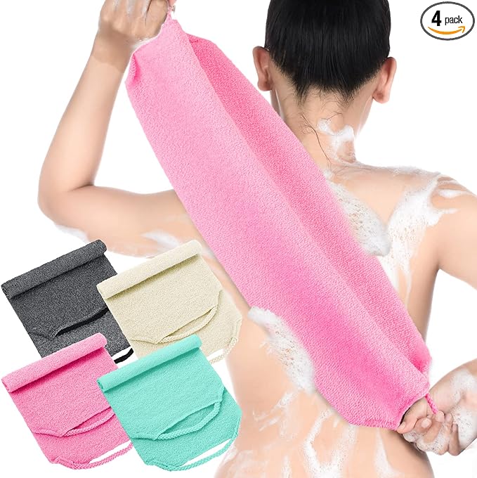 Moukeren Exfoliating Back Scrubber with Handles 4 Pack Nylon Back Exfoliator Extended Length Washers Scrubbers Stretchable Pull Strap Exfoliating Washcloth(Dark Blue, Gray, Beige, Pink)