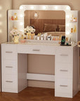 YESHOMY Vanity Desk with Large Lighted Mirror, Power Outlet and 11 Lights, Makeup Table with 7 Drawers and 3 Desktup Storage Units, 3 Color Modes Available for Bedroom, White