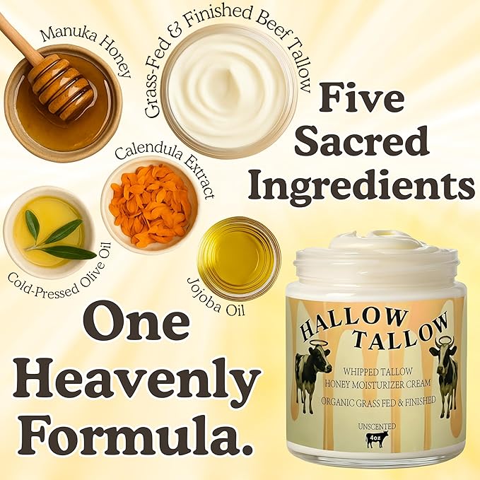 Hallow Tallow Whipped Beef Tallow Moisturizer – 100% Grass-Fed & Finished Tallow Balm with Manuka Honey, Jojoba & Olive Oil, Calendula Extract – Natural Hydrating Face & Body Cream, 4oz