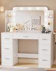 YESHOMY Vanity Desk with Large Lighted Mirror, Power Outlet and 11 Lights, Makeup Table with 7 Drawers and 3 Desktup Storage Units, 3 Color Modes Available for Bedroom, White