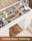 Pamapic Glass Top Vanity Desk with Crystal Handles, 11 Drawers Makeup Vanity with Mirror and Stool, 3 Lighting Modes Dressing Table, Power Outlet, Silent Slides, White