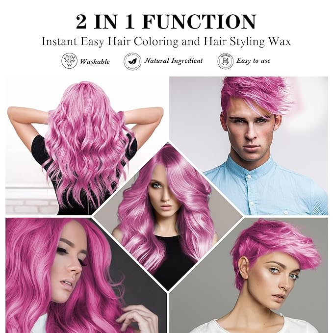Temporary Pink Hair Color Wax 4.23 oz, Instant Natural Hairstyle Cream Dye, Disposable Coloring Mud for Men Women Youth, Washable Styling Pomades, Party Cosplay DIY Halloween