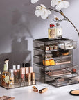 Sorbus Acrylic Makeup Organizer Set, 6-Drawer Vanity & Countertop Cosmetic Storage with Small & Wide Compartments, Black-Tint Makeup Storage for Brushes, Jewelry – Holiday Gift for Women & Teens