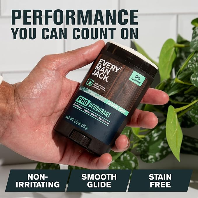 Every Man Jack Men's Pro Deodorant - 48-Hour Odor Defense Blend - Aluminum Free - Contains Postbiotics, Tapioca Stach & Oat Powder - Coconut + Vanilla Scent - 2.6 oz (1 Pack)