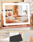 FENNIO Vanity Mirror with Lights 22''x18'' Makeup Mirror with Lights,Lighted Makeup Mirror with 10X Magnification，Smart Touch Screen with 3-Color Lighting,Dimmable（Square Pink）