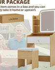 LIKIMIO Small Makeup Vanity Desk with Mirror and Lights, Vanity Table Set with Storage Drawer, Chair and Three Shelves, Bedroom, Wood