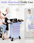 AROUS 5 in 1 Rolling Makeup Train Case Cosmetology Case on Wheels Large Cosmetic Organizer Travel Cart for Hairstylist Artist Nail Beauty Salon Barber,Silver