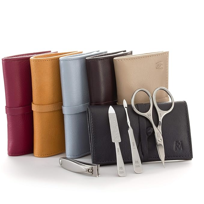 GERMANIKURE 4pc Manicure Set in Dark Purple Leather Case - Made in Solingen Germany, FINOX Stainless Steel Tools – Professional Quality Compact Nail Grooming Kit