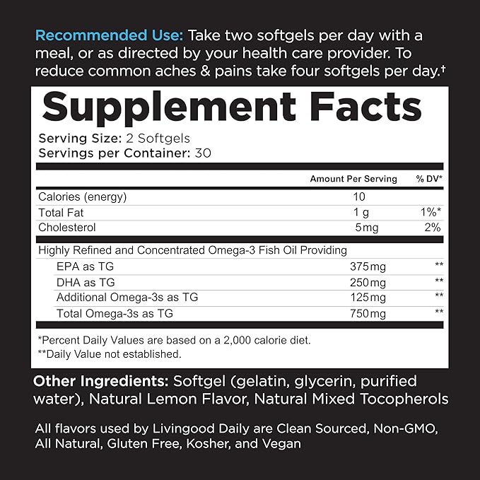 Livingood Daily Fish Oil Supplements with Omega 3 Fatty Acid, Omegas (60 Softgels) - EPA & DHA Fish Oil Pills Support Heart & Joint Health - Promotes Healthy Digestion & Brain Function - Non-GMO