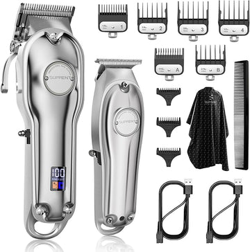 SUPRENT® PRO Professional Hair Clippers for Men- Hair Cutting Kit & Zero Gap T-Blade Trimmer Combo- Cordless Barber Clipper Set with LED Display for Mens Gifts (Silver)