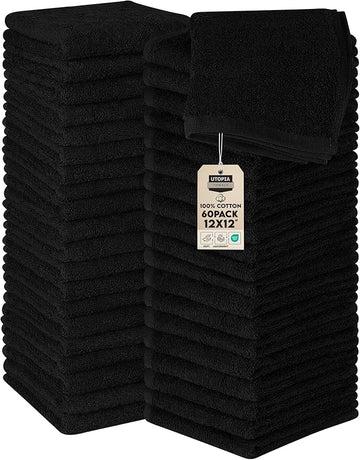 Utopia Towels 60 Pack Cotton Washcloths Set, 100% Ring Spun Cotton, Premium Flannel Face Cloths, Highly Absorbent and Soft Feel Fingertip Towels, Black