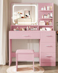 Makeup Vanity Desk Set, 35.4" Wx15.7”Dx53.9“H, Pink (Smart LED Mirror, with Cushion Stool, Hairdryer Rack, Power-Outlet, 4 Drawers, Open Shelves)