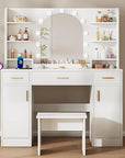 Vanity Desk with Mirror and 11 LED Lights, 43'' Makeup Vanity Table with Power Outlet & Chair, Dressing Table with 3 Drawers, 2 Cabinets and 6 Open Shelfs for Bedroom, White