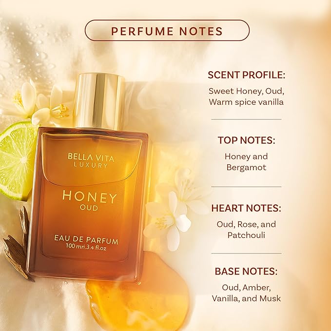 BellaVita Luxury Honey Oud Eau de Parfum (3.4 fl. oz.) | Patchouli, Vanilla, Bergamot, Floral & Spicy + Made with Clean & Vegan Essentials Oils + Cruelty Free | Long-Lasting Unisex Fragrance