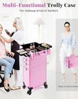AROUS 5 in 1 Rolling Makeup Train Case Cosmetology Case on Wheels Large Cosmetic Organizer Travel Cart for Hairstylist Artist Nail Beauty Salon Barber,All Pink