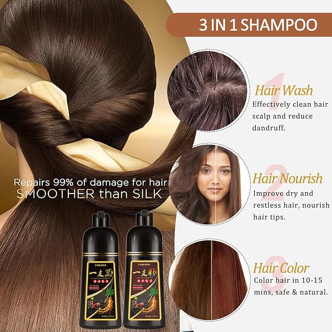 Chestnut Brown Hair Dye Shampoo 3 in 1 for Men & Women, Natural, for 100% Gray Coverage, Brown Hair Colors in 10-15 mins, 16.9 Fl Oz