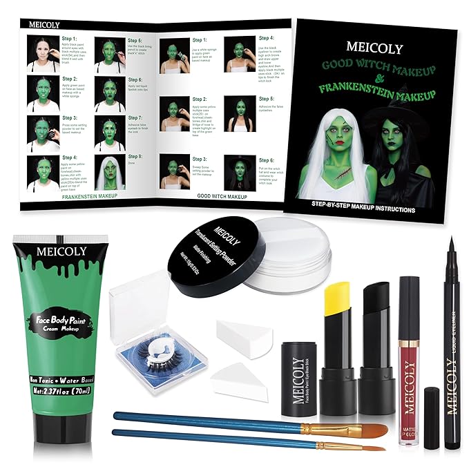 MEICOLY Complete Green Witch Makeup Kit,Wicked Costume Halloween SFX Frankenstein Makeup Set,Elphaba Green Face Paint for Character Cosplay Stage Performance Theater,Setting Powder,Yellow Face Paint