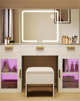 DWVO 56" Vanity Table Set with Tri-Fold Mirror & LED Lights, Makeup Vanity Desk with RGB Glass Cabinets, Storage Drawers, Shelves, Built-in Power Strip, Cushioned Stool for Dressing Room, White