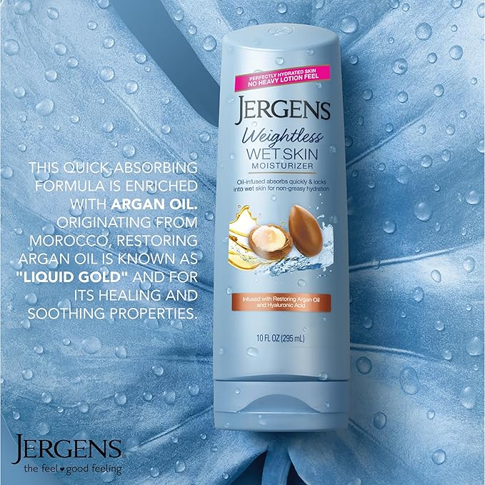 Jergens Wet Skin Body Moisturizer with Restoring Argan Oil, 4X Healthier Looking Skin, Fast-Absorbing, Non-Greasy, Dermatologist Tested, 10 Oz, Pack of 4