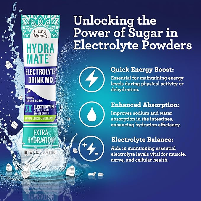 GuruNanda Hydramate Hydration Support Drink Mix - Electrolyte Powder Packets for Dehydration, Exercise & Energy - No Added Sweeteners, Non-GMO, Natural Lemon Lime Flavor - 48 Count (0.56 oz each)