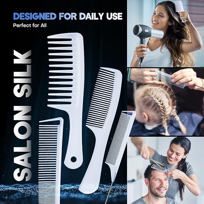 SALONSILK Combs for Women and Men, 4PCS Translucent Professional Comb Set, Wide Tooth Rat Tail Fine Tooth Set for All Hair Types