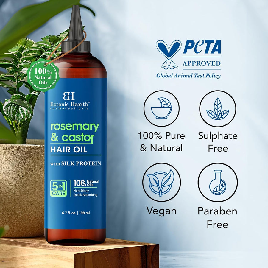 Botanic Hearth Rosemary & Castor Hair Oil (6.7 Fl Oz) | Nourishing And Strengthening Hair Treatment For Thicker, Healthier|Looking Hair | Paraben Free | Suitable For All Hair Types