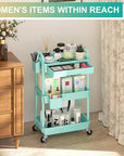 Goovilla 3 Tier Rolling Utility Cart Organizer with Removable Drawer, Stable and Sturdy Blue Rolling Storage Carts with 2 Lockable Wheels for Bathroom, Kitchen, Snack, Craft, Makeup, Baby Essentials