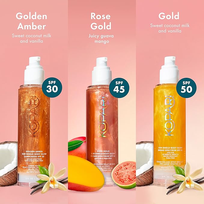 Kopari Sun Shield Body Glow, Broad Spectrum SPF 30, Lightweight Shimmering Gel Texture Absorbs Quickly, Non Sticky, Glowing Results, Golden Amber 5 oz