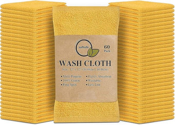 Softolle 100% Cotton Washcloths 60 Pack (12x12 Inches) Soft, Highly Absorbent Washcloth, Face Towels, Wash Cloths for Face, Ring Spun, Bulk Pack (Yellow)