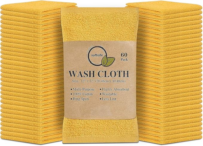 Softolle 100% Cotton Washcloths 60 Pack (12x12 Inches) Soft, Highly Absorbent Washcloth, Face Towels, Wash Cloths for Face, Ring Spun, Bulk Pack (Yellow)