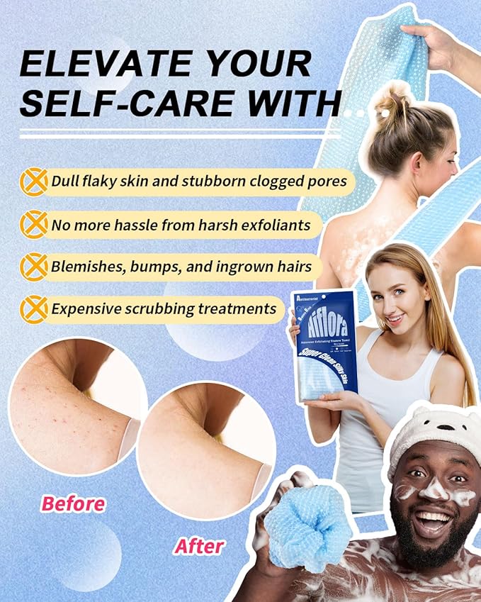 3D Wave Weave Japanese Exfoliating Washcloth, Long Exfoliating Back Scrubber for Shower, Hygienic Body Scrub Towel, Korean Style, Aqua (Normal)