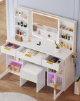 DWVO 56.3" Makeup Vanity with LED Lighted Mirror, Large Vanity Desk with RGB Glass Cabinets, Open Shelving, Built-in Power Strip & Cushioned Stool