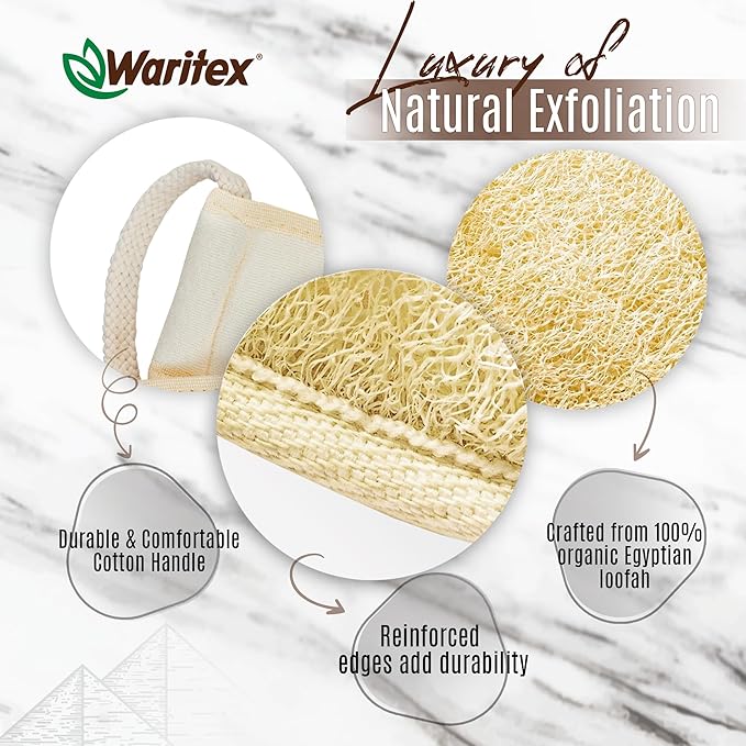 Waritex Natural Egyptian Loofah Back Scrubber for Shower, Extra-Long Exfoliating Strap Made with Natural Egyptian Loofah Fibers, Deep Cleaning Body Sponge for Men and Women – Soft Cotton Handles