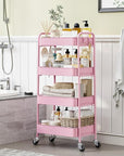 TOOLF 4-Tier Metal Rolling Cart with Wheels, Storage Utility Organizer Cart for Kitchen, Bathroom, Office, Baby Essentials & Makeup - Lockable Casters, Easy Assembly, Large Capacity, Pink