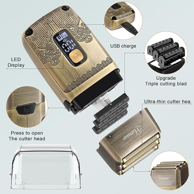 Hatteker Professional Hair Clipper Electric Razor Foil Shavers for Men Body Nose Ear Hair Grooming Kit with Triple Blades Cordless Waterproof
