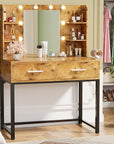 YESHOMY Vanity Desk with Mirror, Makeup Table with 2 Large Drawers, Power Outlet and Round Holder, 3 Color Modes Adjustable Bulb, Brown