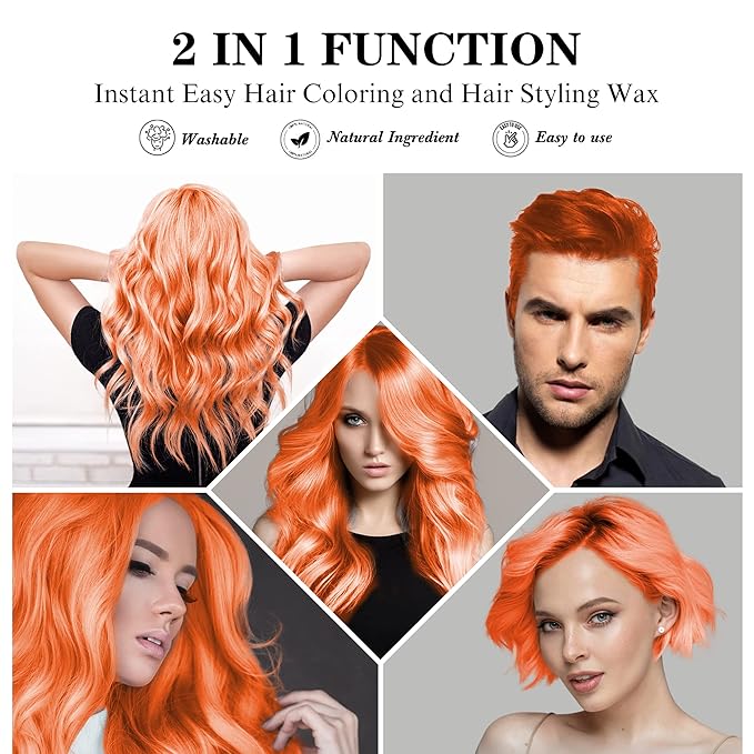 4.23 oz Temporary Orange Hair Spray Color Wax with Dye Brush, Instant Natural Hairstyle Cream, Disposable Coloring Mud for Women Men Youth, Washable Styling Pomades, Party Cosplay DIY Halloween