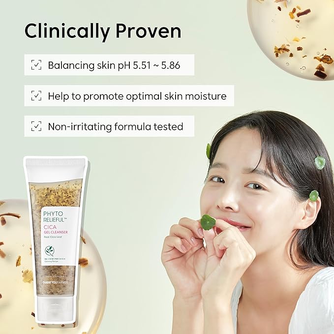 THANKYOU FARMER Phyto Relieful Cica Gel Cleanser - Real Cica Leaf, Vegan, Anti-Acne, pH-Balancing, Centella Asiatica for Soothing, Day & Night Korean Face Cleanser 4.22 Fl oz