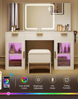 DWVO 56" Vanity Table Set with Tri-Fold Mirror & LED Lights, Makeup Vanity Desk with RGB Glass Cabinets, Storage Drawers, Shelves, Built-in Power Strip, Cushioned Stool for Dressing Room, White