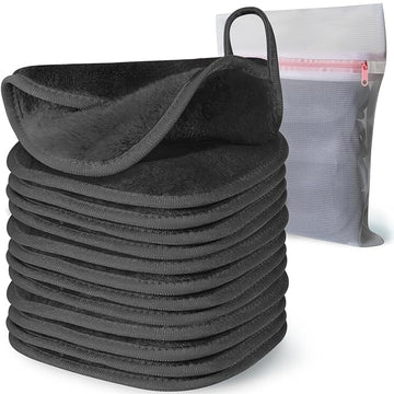 Makeup Remover Cloth, 6" x 6" Makeup Remover Towels Reusable Face Cloth for Washing Face, Makeup Remover Pads Microfiber Face Washcloth with Mesh Bag, 12 Pack, Grey