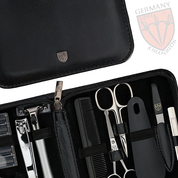 3 Swords Germany - brand quality 12 piece manicure pedicure grooming kit set for professional finger & toe nail care tweezers file clipper fashion leather case in gift box, Made by 3 Swords (33514)