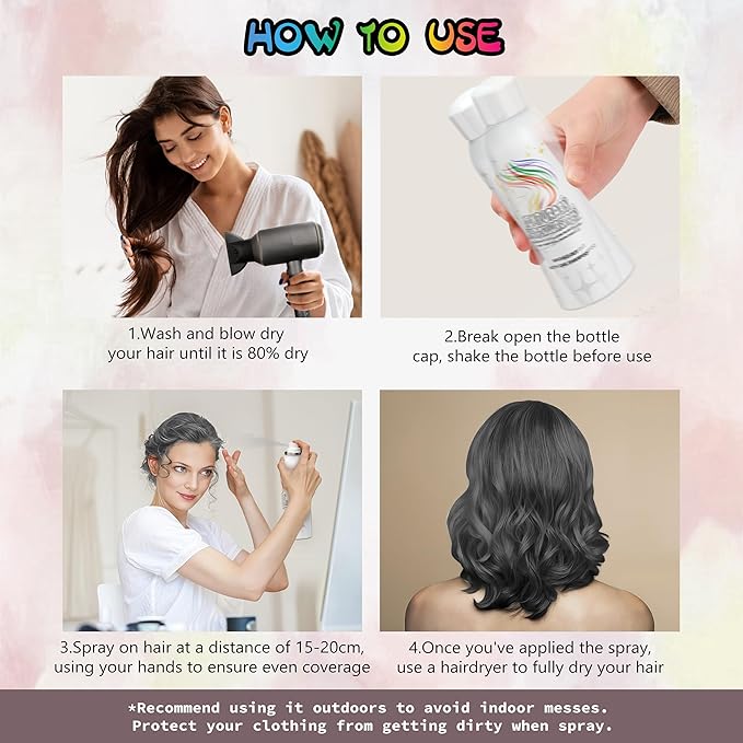 Black Temporary Hair Color Spray - Gentle Formula, Washable & Non-Sticky | Instant Hair Dye Alternative for Adults | Halloween, Costume, Party Makeup, 150ml
