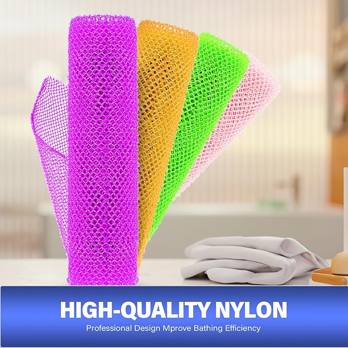 4 Pieces Exfoliating Washcloth Shower Towel African Net Sponge Japanese Wash Cloth Face Exfoliating Sponge Loofah Exfoliating Body Scrubber for Body Exfoliation (Purple, Pink, Green, Orange)