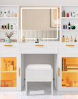 DWVO 56.3" Makeup Vanity with LED Lighted Mirror, Large Vanity Desk with RGB Glass Cabinets, Open Shelving, Built-in Power Strip & Cushioned Stool