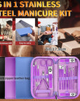 Manicure Set 16Pcs Professional Stainless Steel Pedicure Kit Mens Grooming Kit Fingernail & Toenail Clippers Set Manicure Kit with Luxurious Travel Bag, Sharp Nail Scissors and Clipper (Purple)
